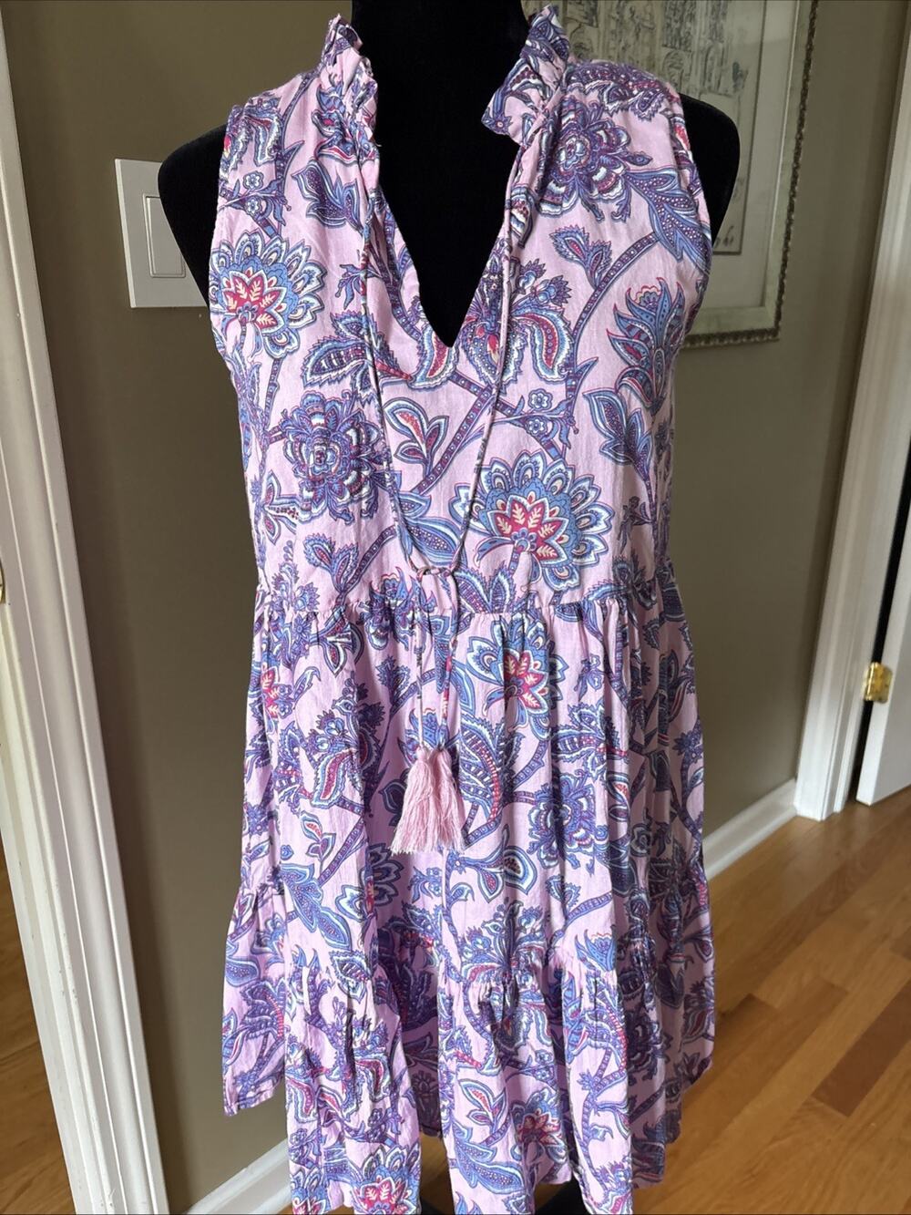 Jude Connally Pink paisely cottagecore Tiered Dress Tassel Sleeveless sz XS